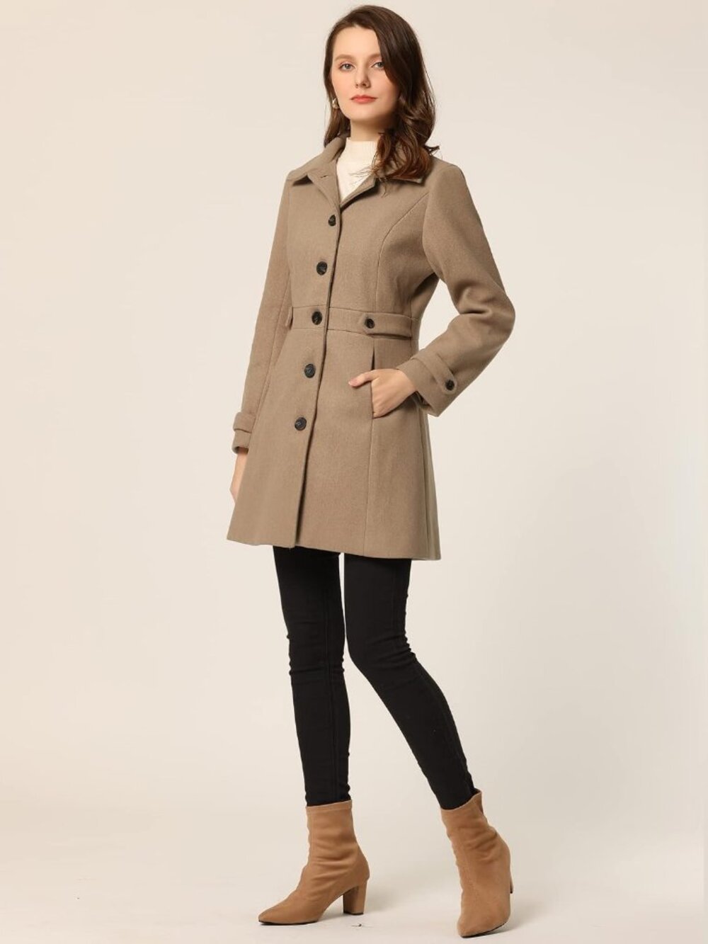 Women's Brown 100% Polyester Single Breasted Fully Lined Mid-Length Pea Coat - Picture 3 of 5
